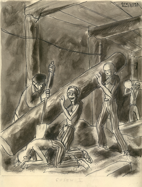 „Gusen II: Der Tunnel“, Häftlinge beim Bau von unterirdischen Stollenanlagen. Zeichnung des französischen Häftlings Bernard Aldebert, o. J. [1945/46] (KZ-Gedenkstätte Mauthausen / Sammlungen)