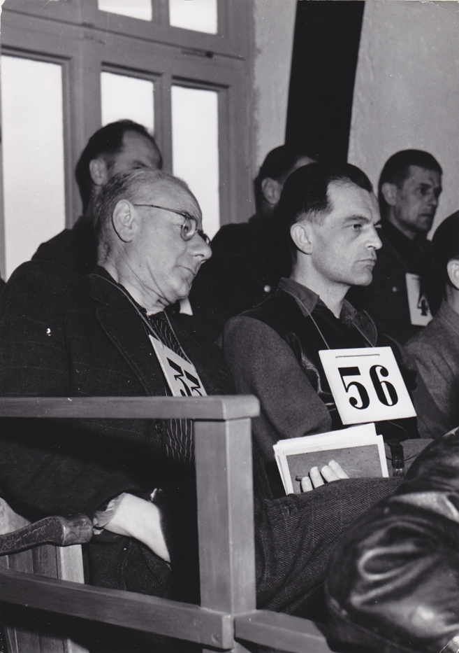 Former Chief Camp Physician Eduard Krebsbach (left) in front of the Dachau Military court, 1946 (photo credits: US National Archives and Records Administration)