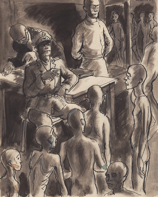 Zeichnung von Bernard Aldebert: „Revier de Mauthausen – Le tris des condamnés“ (Krankenbaracke in Mauthausen – Das Aussortieren der Todgeweihten), 1945 (KZ-Gedenkstätte Mauthausen / Sammlungen)