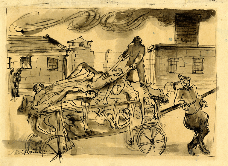 Drawing by Leo Haas: „Před krematoriem“ (In front of the crematorium), 1945 (Památnik Terezín)