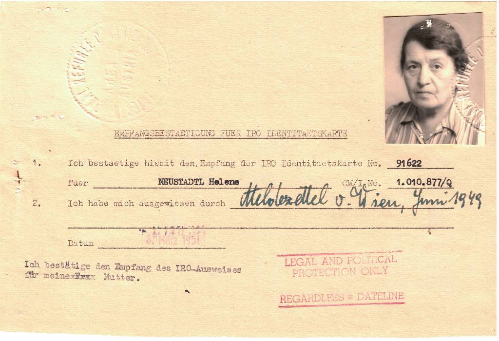 Confirmation of receipt for identity cards issued by the International Refugee Organisation (IRO) for Helene Neustadtl and her son Rudolf Gustav. This aid organisation also supported refugees returning to Vienna. After her liberation, Helene followed her son to Palestine. In 1948 they returned to Austria. Source: Arolsen Archives, 3.2.1.3. IRO “Care and Maintenance” Program, CM/1 Akten aus Österreich, 1698000.