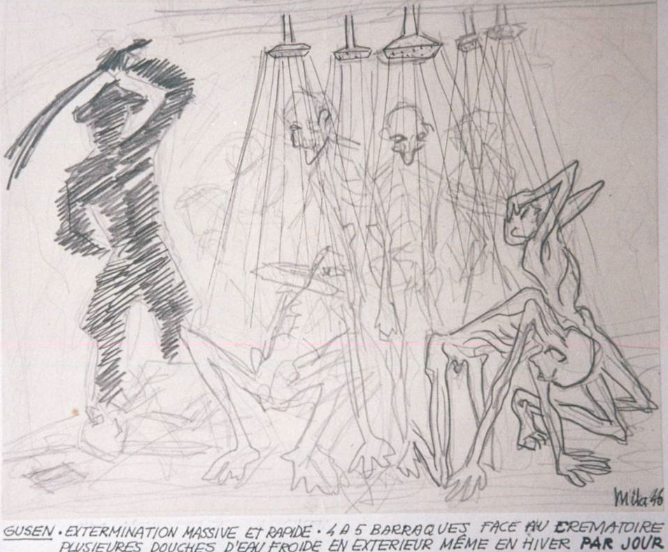 "Totbadeaktionen" in Gusen, Zeichnung des Gusen-Überlebenden Ramón Milá aus dem Jahr 1946. (Privatarchiv Ramón Milá)
