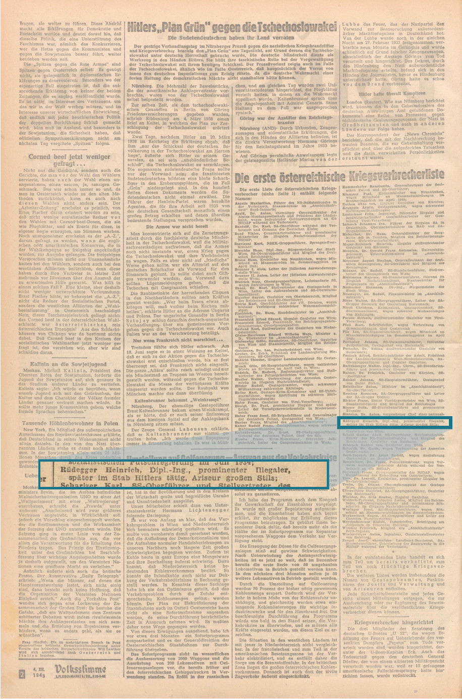 Der Name von Heinrich Rüdegger stand auf der ersten österreichischen Kriegsverbrecherliste, die im Dezember 1945 von der Kommission zur Vorbereitung der Kriegsverbrecherprozesse veröffentlicht wurde. Österreichische Volksstimme, 4. Dezember 1945. Quelle: ANNO/Österreichische Nationalbibliothek.